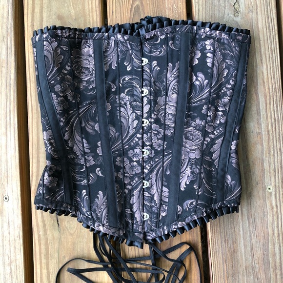 25” Overbust Corset Ruffle Black Pink Lilac Pattern Damask Jacquard Witchy Fairy - Picture 2 of 12